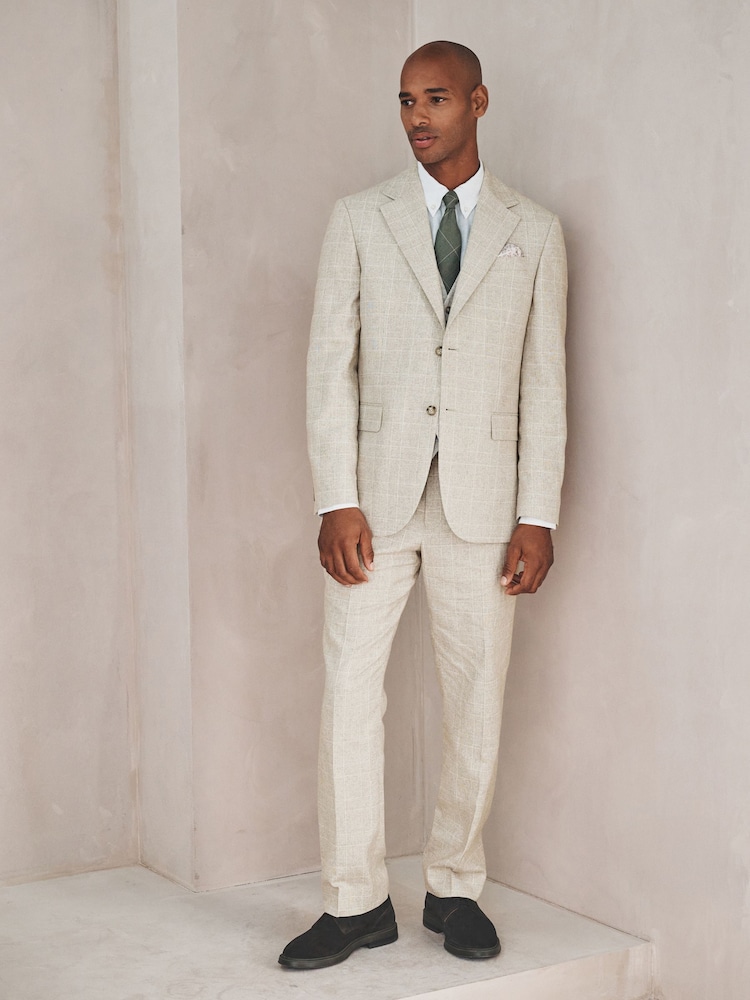 Neutral Check Cotton Linen Blend Suit Trousers - Image 2 of 9