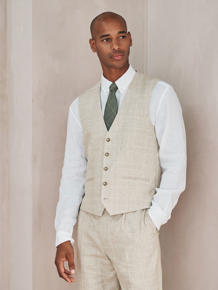 Neutral Check Cotton Linen Blend Suit Waistcoat - Image 1 of 8 Neutral Check Cotton Linen Blend Suit Waistcoat - Image 1 of 8