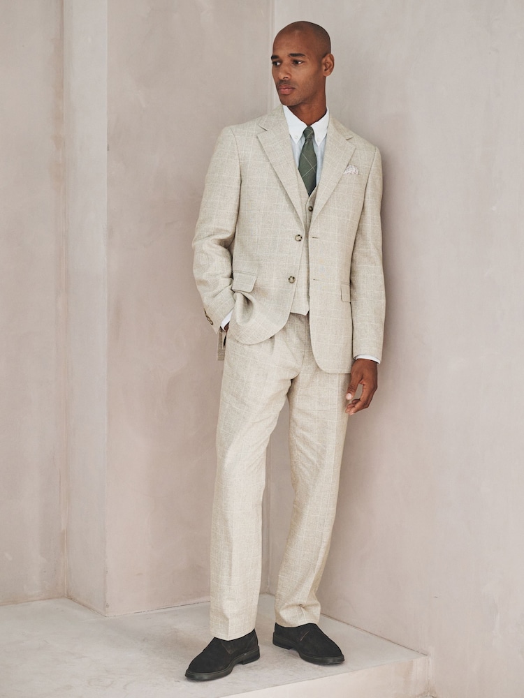 Neutral Check Cotton Linen Blend Suit Waistcoat - Image 2 of 8 Neutral Check Cotton Linen Blend Suit Waistcoat - Image 2 of 8