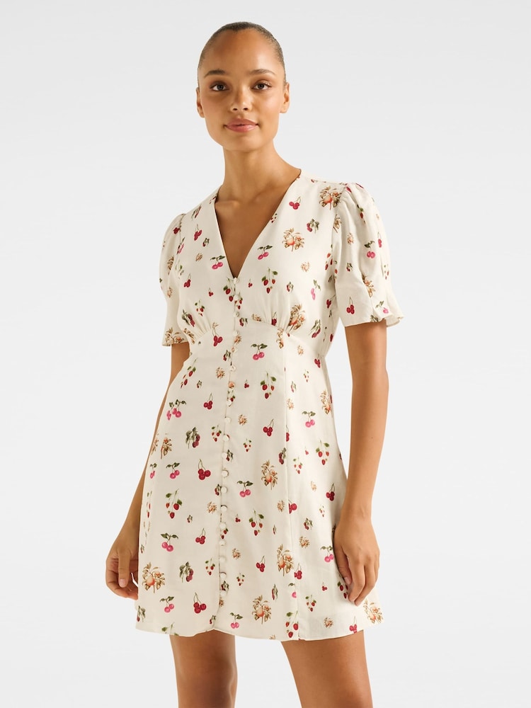 Forever New Cream Mini Berna Printed Dress Contains Linen - Image 1 of 5