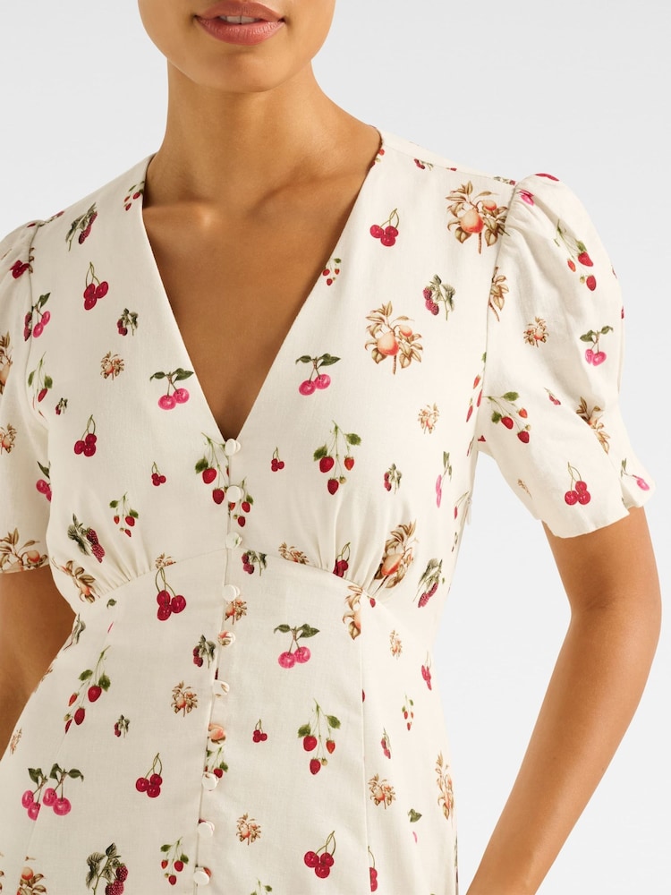 Forever New Cream Mini Berna Printed Dress Contains Linen - Image 5 of 5