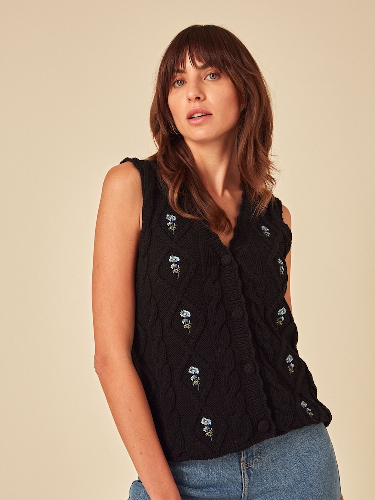 Nobodys Child Black Cable & Embroidered Waistcoat - Image 1 of 4