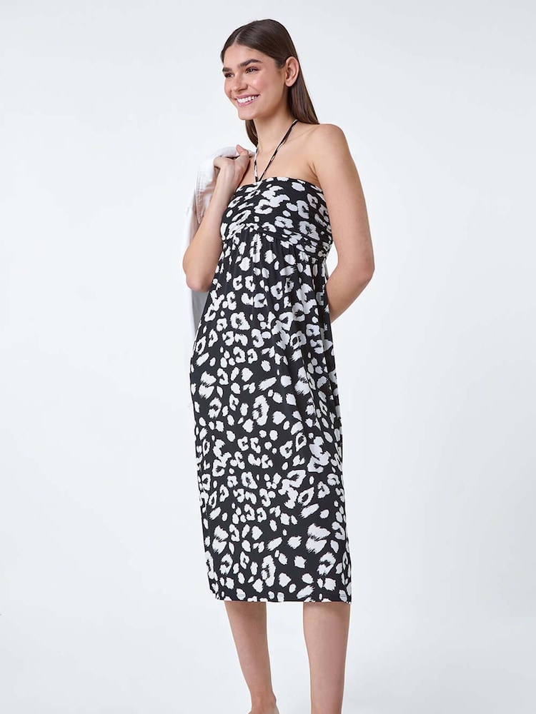 Roman Black Animal Print Stretch Bandeau Midi Dress - Image 1 of 5