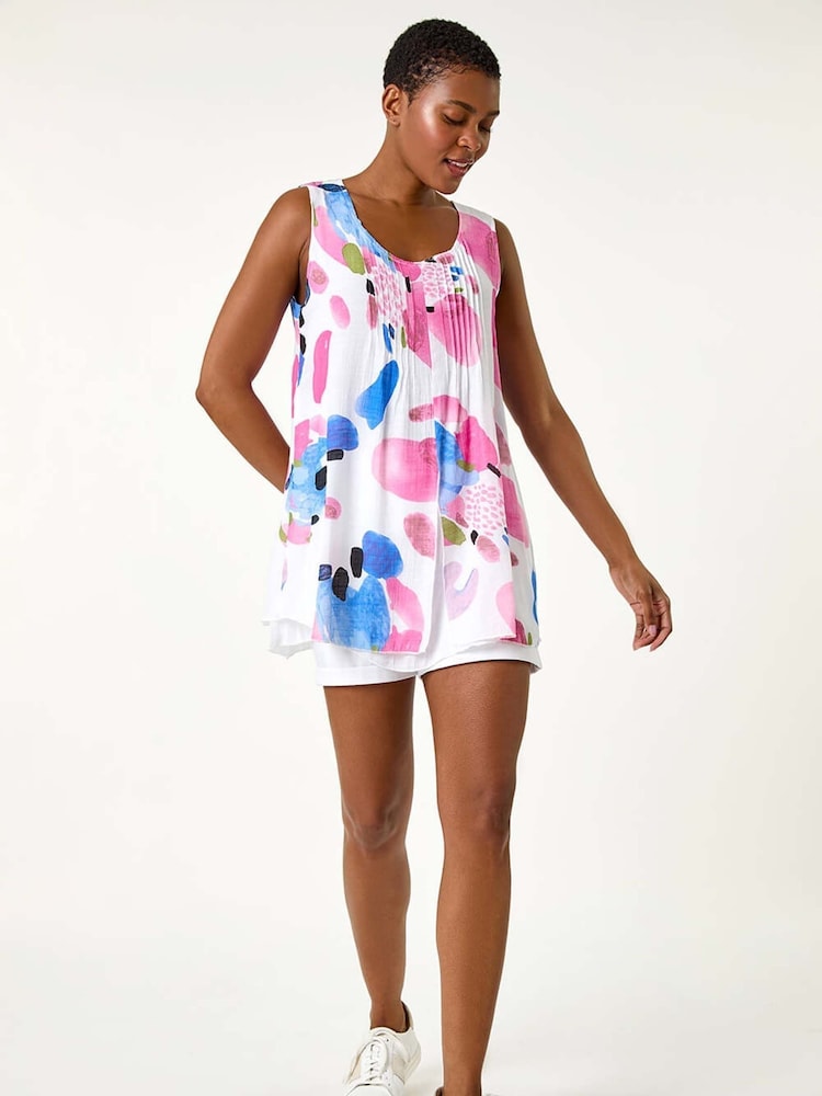 Roman Pink Abstract Print Pintuck Overlay Vest Top - Image 1 of 5