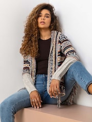 Roman Aztec Print Tassel Hem Longline Cardigan - Slika 1 iz 5