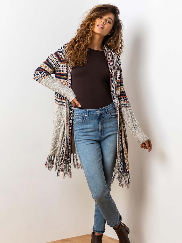 Roman Aztec Print Tassel Hem Longline Cardigan - Slika 2 iz 5
