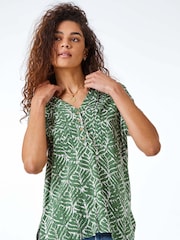 Roman Green Abstract Print Button Detail V-Neck Blouse - Image 1 of 5