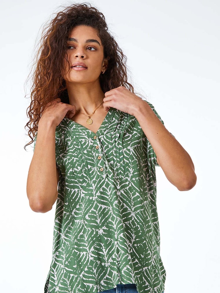 Roman Green Abstract Print Button Detail V-Neck Blouse - Image 1 of 5