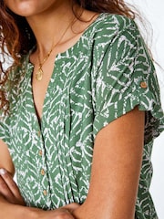 Roman Green Abstract Print Button Detail V-Neck Blouse - Image 2 of 5