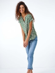 Roman Green Abstract Print Button Detail V-Neck Blouse - Image 3 of 5