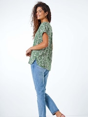 Roman Green Abstract Print Button Detail V-Neck Blouse - Image 4 of 5