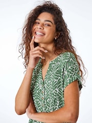Roman Green Abstract Print Button Detail V-Neck Blouse - Image 5 of 5