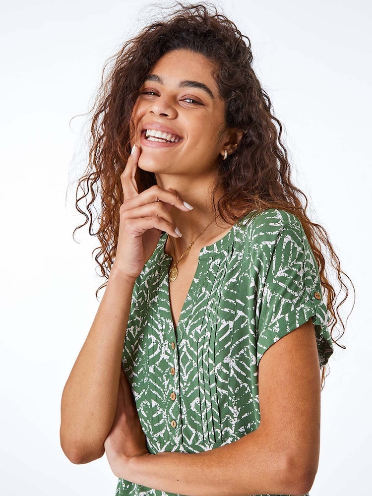 Roman Green Abstract Print Button Detail V-Neck Blouse - Image 5 of 5