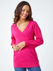 Roman Pink Plain Stretch V-Neck Longline Jumper - Image 1 of 5