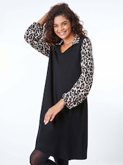 Roman Black Contrast Leopard Print Swing Dress - Image 1 of 5