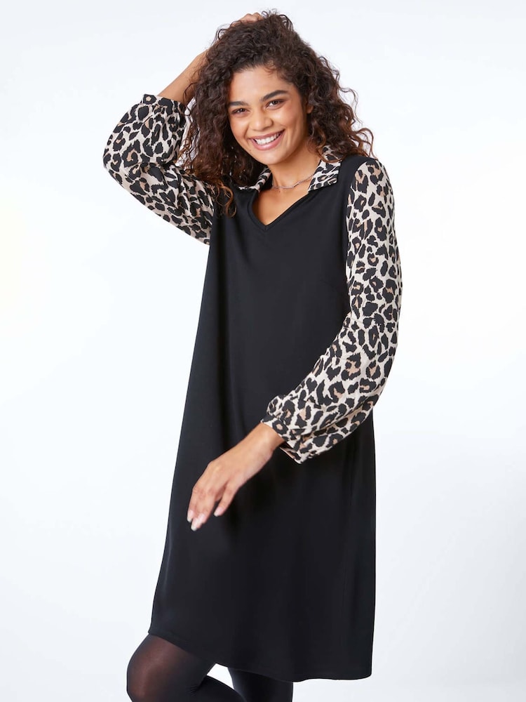 Roman Black Contrast Leopard Print Swing Dress - Image 1 of 5