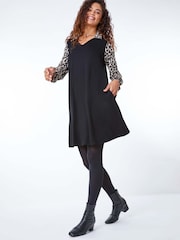Roman Black Contrast Leopard Print Swing Dress - Image 5 of 5
