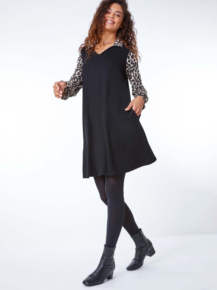 Roman Black Contrast Leopard Print Swing Dress - Image 5 of 5