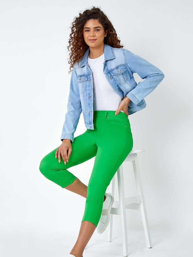 Roman Green Cropped Stretch Elastic Waist Denim Leggings - Image 1 of 5