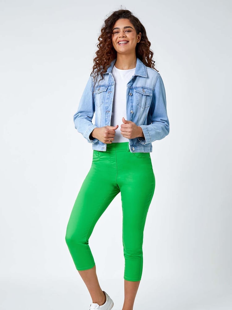 Roman Green Cropped Stretch Elastic Waist Denim Leggings - Image 2 of 5
