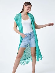 Roman Green Longline Shimmer Tassel Kimono Cardigan - Image 2 of 5