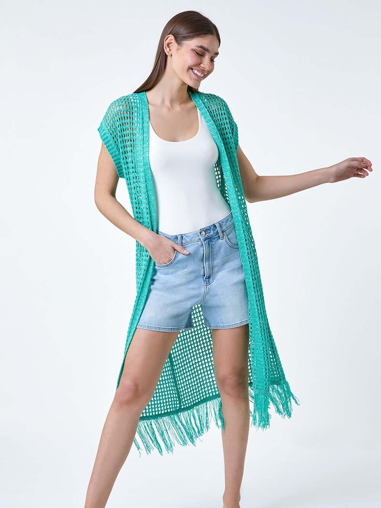 Roman Green Longline Shimmer Tassel Kimono Cardigan - Image 2 of 5