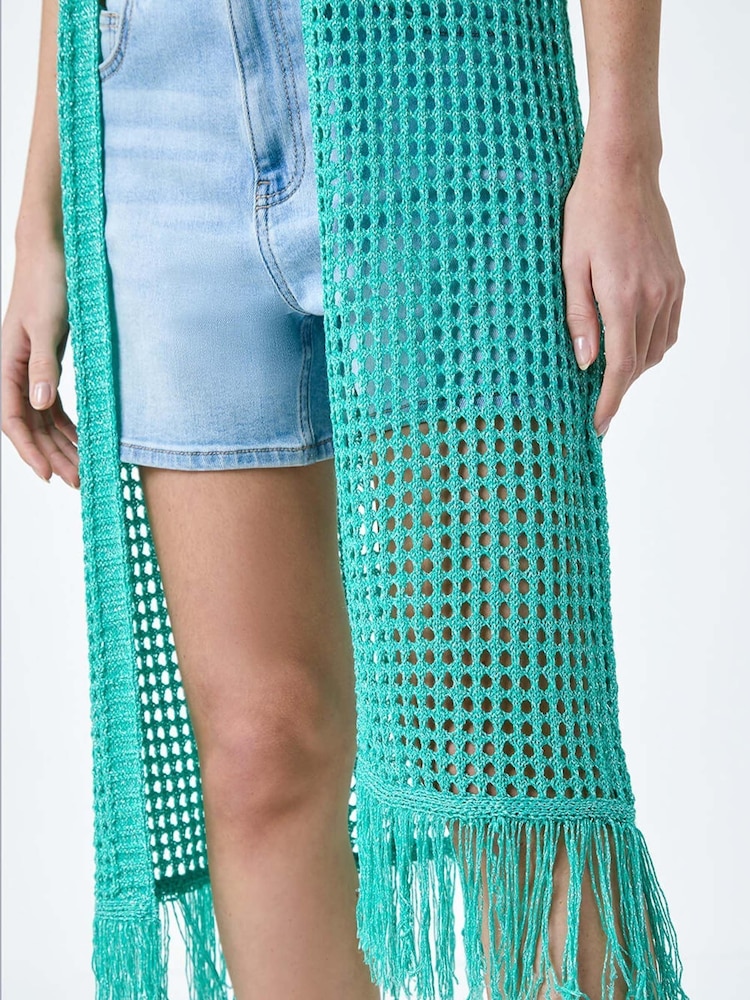Roman Green Longline Shimmer Tassel Kimono Cardigan - Image 5 of 5