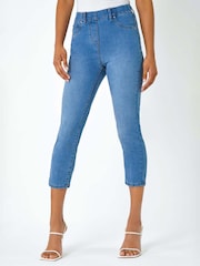 Roman Blue Cropped Stretch Elastic Waist Denim Leggings - Image 1 of 5