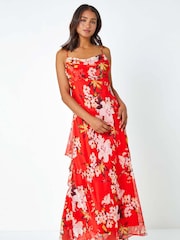 Roman Red Floral Print Cowl Neck Chiffon Dress - Image 1 of 5