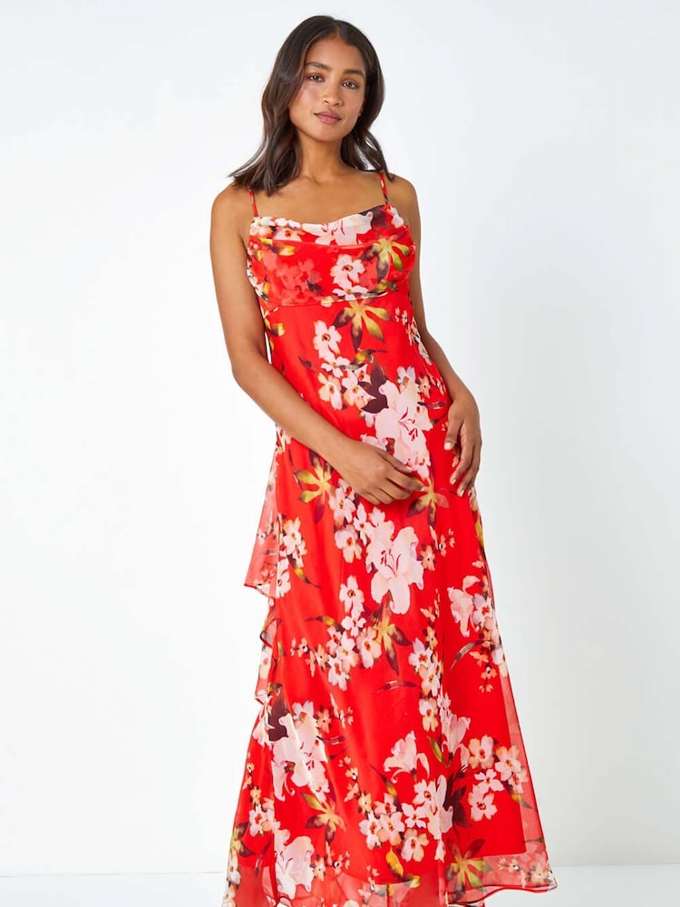 Roman Red Floral Print Cowl Neck Chiffon Dress - Image 1 of 5