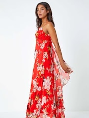 Roman Red Floral Print Cowl Neck Chiffon Dress - Image 3 of 5