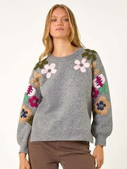 Roman Grey Floral Print Emellished Jumper - Image 1 of 5