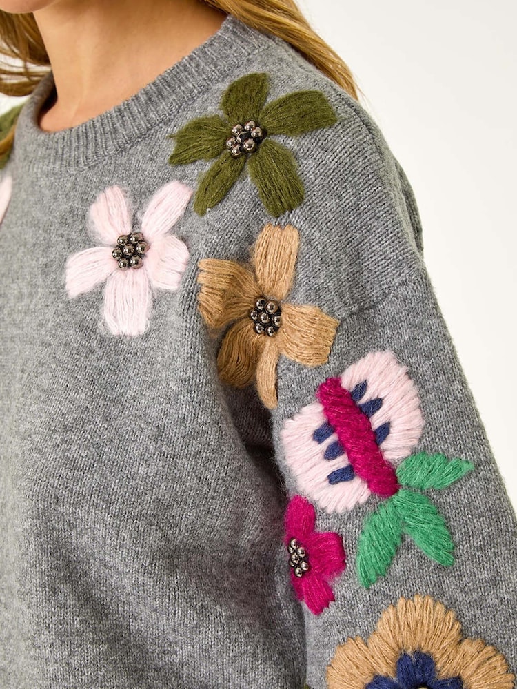 Roman Grey Floral Print Emellished Jumper - Image 5 of 5
