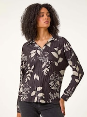 Roman Black Mono Floral Print Collared Blouse - Image 1 of 5