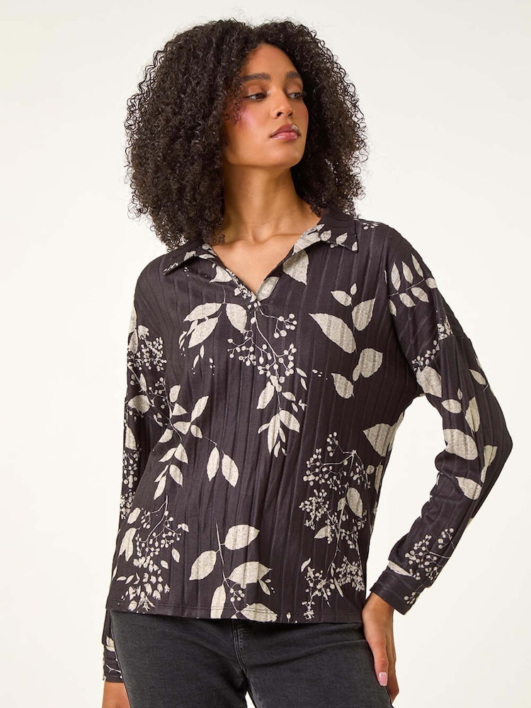 Roman Black Mono Floral Print Collared Blouse - Image 1 of 5
