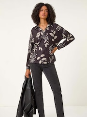 Roman Black Mono Floral Print Collared Blouse - Image 2 of 5