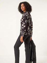 Roman Black Mono Floral Print Collared Blouse - Image 3 of 5
