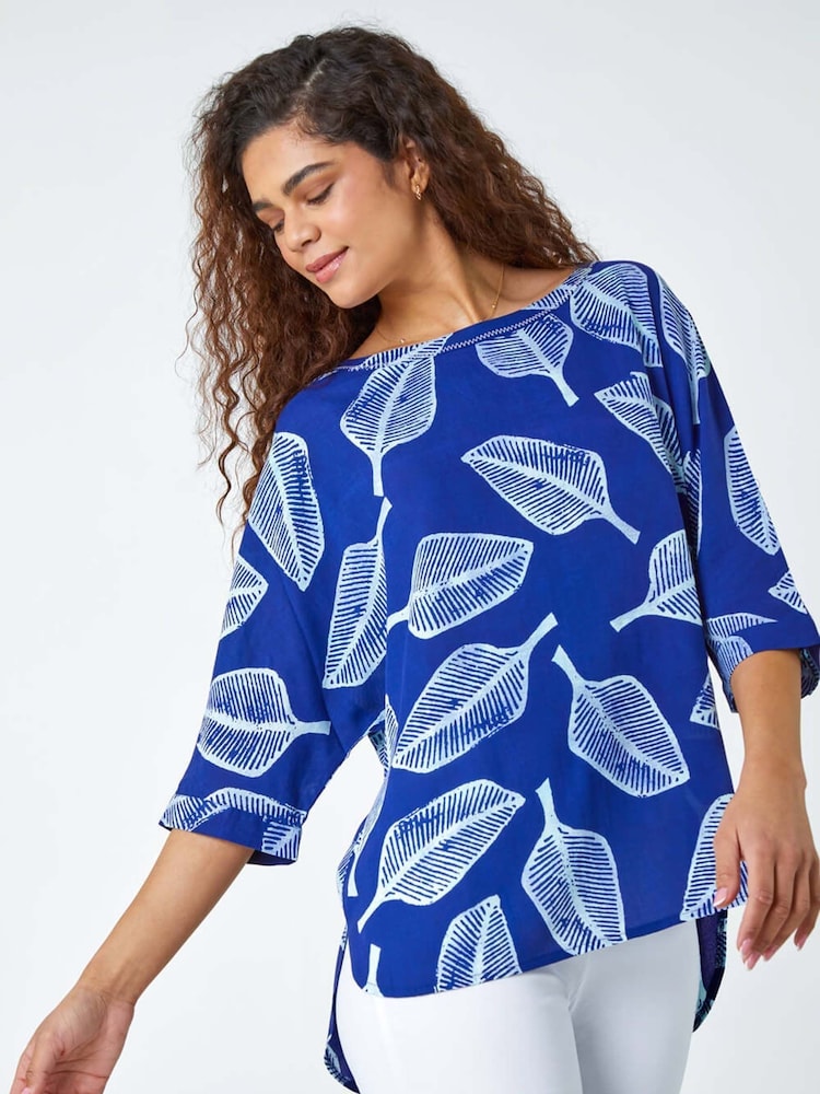Roman Blue Relaxed Leaf Print Tunic Blouse - Image 1 of 5 Roman Blue Relaxed Leaf Print Tunic Blouse - Image 1 of 5