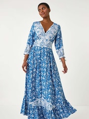 Roman Blue Paisley Print Frill Hem Maxi Dress - Image 1 of 5
