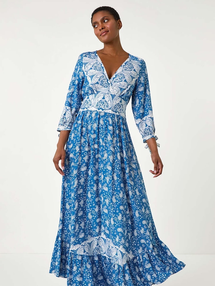Roman Blue Paisley Print Frill Hem Maxi Dress - Image 1 of 5