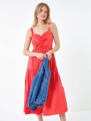 Roman Pink Cotton Strappy Tiered Midi Dress - Image 2 of 6