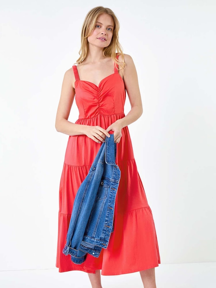 Roman Pink Cotton Strappy Tiered Midi Dress - Image 2 of 6