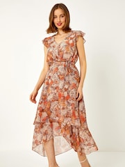 Roman Brown Snake Print Asymmetric Tiered Midi Dress - Image 1 of 5