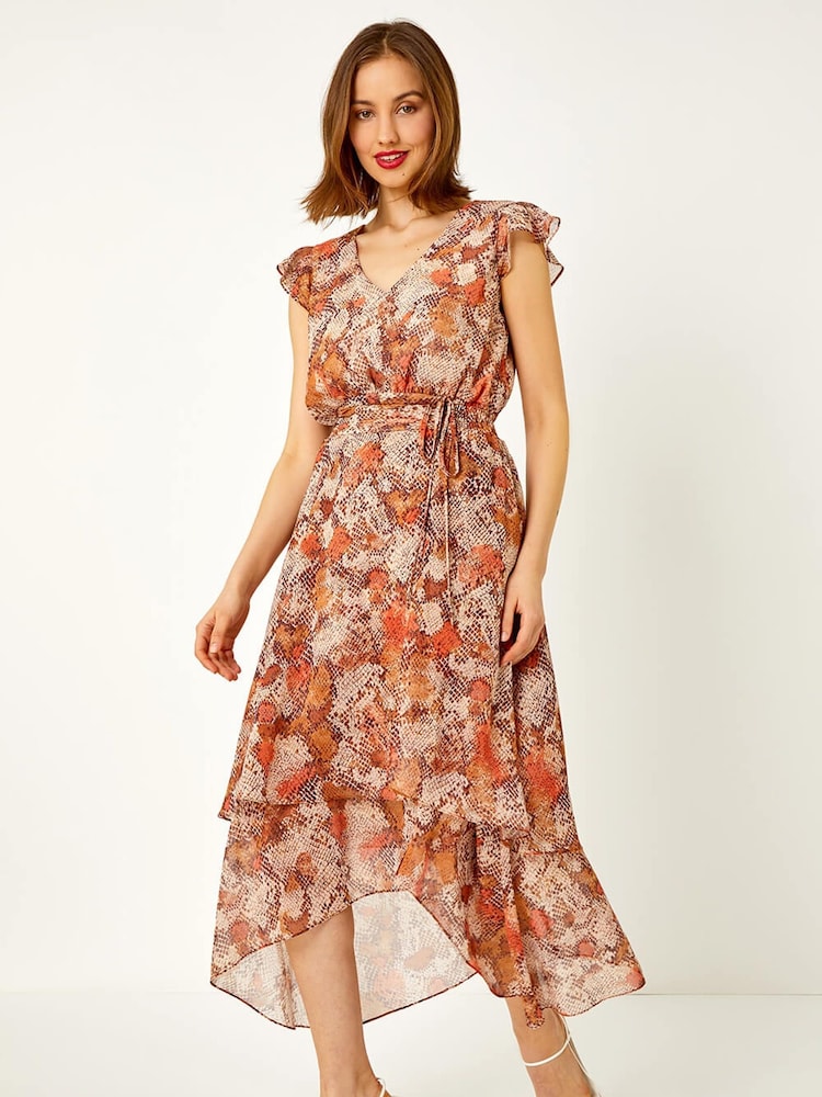 Roman Brown Snake Print Asymmetric Tiered Midi Dress - Image 1 of 5