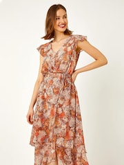 Roman Brown Snake Print Asymmetric Tiered Midi Dress - Image 2 of 5