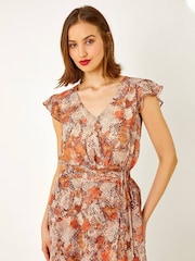 Roman Brown Snake Print Asymmetric Tiered Midi Dress - Image 4 of 5