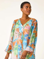 Roman Orange Tropical Print Frill Sleeve Blouse - Image 1 of 5