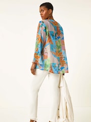 Roman Orange Tropical Print Frill Sleeve Blouse - Image 3 of 5