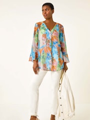 Roman Orange Tropical Print Frill Sleeve Blouse - Image 4 of 5