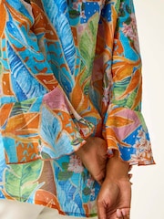 Roman Orange Tropical Print Frill Sleeve Blouse - Image 5 of 5